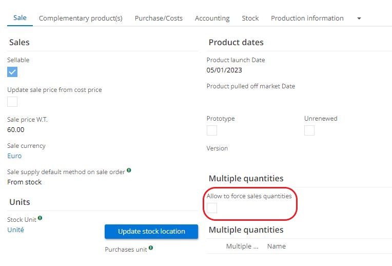 1.2. Once this feature is enabled, open a product file, and then open the Sales tab. Click on the “Allow to force sales quantities” box to activate it. This functionality is essential to validate the lines on the sale orders that don't respect initial multiple quantities, defined on a product beforehand in order to sell it in certain quantities.